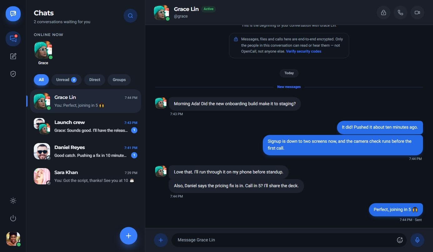 OpenCall in dark mode: chat list and an open conversation