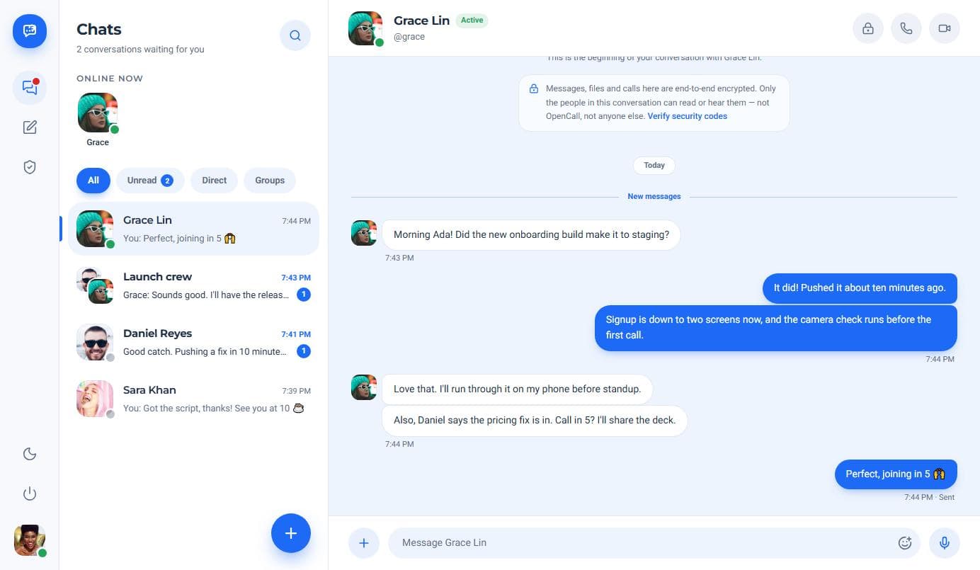 OpenCall's chat list with an open conversation